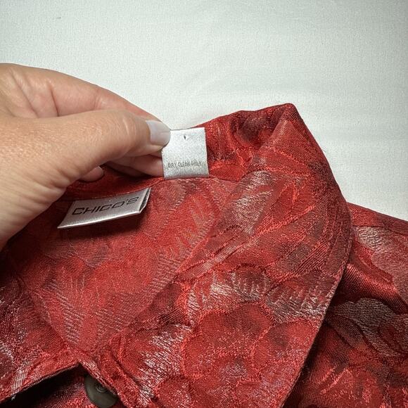 Chicos 3 Womens XL Jacket Silk Blend Blazer Red Metallic Floral Button Front EUC - Picture 8 of 14